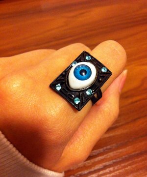 RARE Vintage Style Rectangular Blue EYEBALL Bronze Rhinestone Size Adjustable Ring Gift