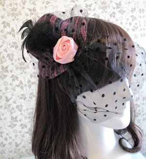 13cm Cocktail Feather Fuchsia Stripe Rose Lady Top Hat Hair Fascinator Halloween Lolita Party