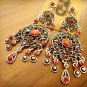 Tribal Red Rhinestone Drop Filigree Chandelier Earrings