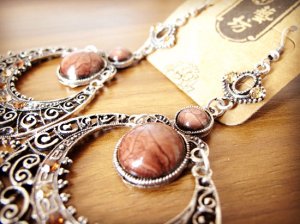 Tribal Brown Rhinestone Round Drop Filigree Chandelier Earrings