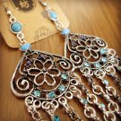 Tribal Blue Rhinestone Drop Filigree Chandelier Earrings
