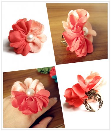 Limited Handmade Vintage Romantic Chiffon Flower Pearl Size Adjustable Lady Ring
