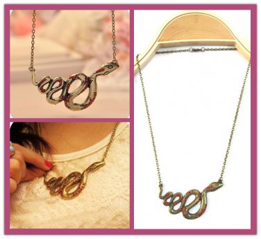 FREE SHIPPING Lazy Snake Red Rhinestone Bronze Necklace