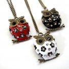 RED Enamel Rhinestone Fat Owl Collection Bronze Necklace