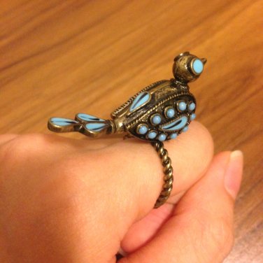 Blue Bird Peacock Animal Bronze Metal Ring