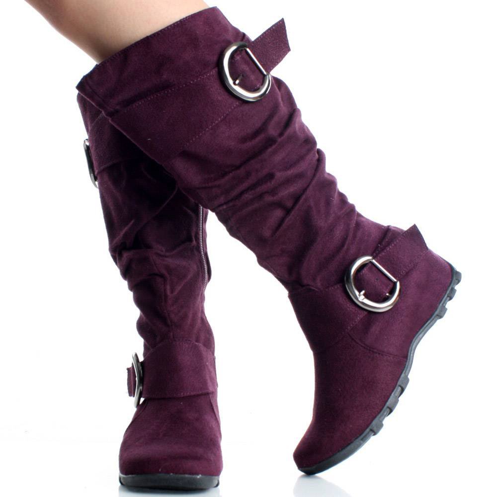 Size 7.5 Purple Flat Knee High Boots Slouch Tall Buckle Ladies Women ...