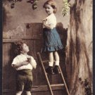 A0906 People 2 children Apple Tree and Ladder Birthday Wishes vintage postcard
