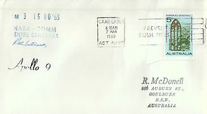 CV0192ryt Apollo 9 dated 3Mar1969 NASA Comm Centre Canberra Australia Cover