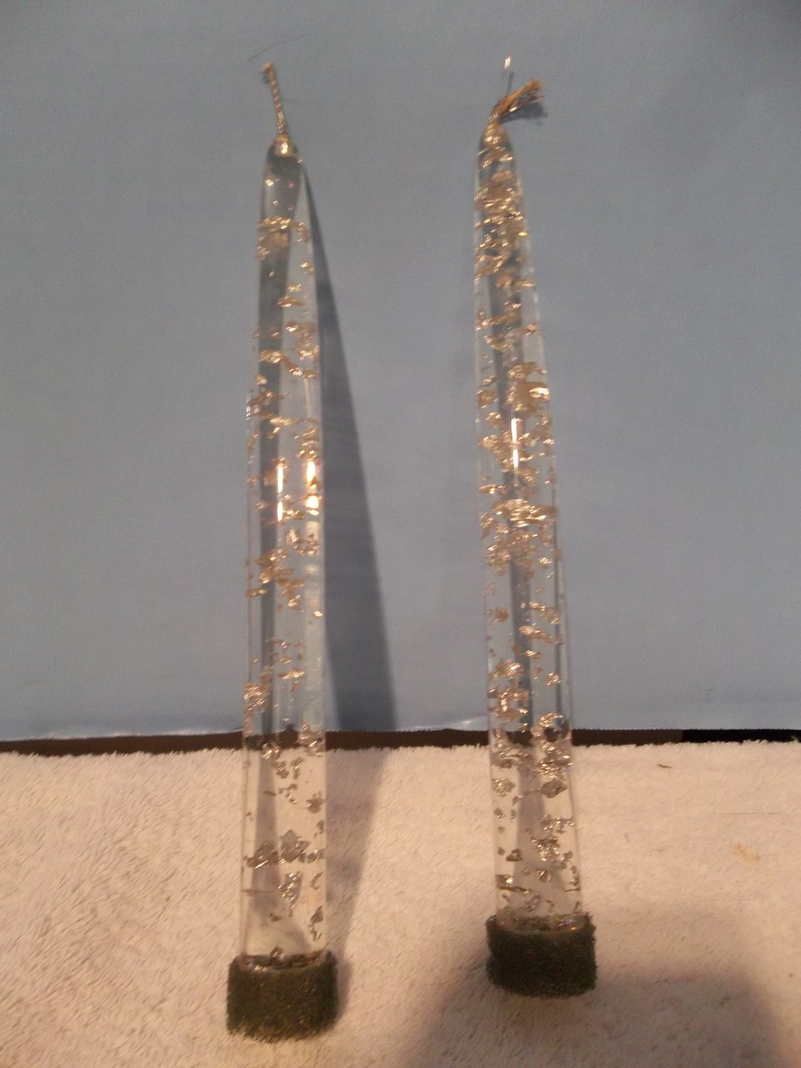 Vtg Pair 8" Lucite Acrylic Candlesticks Candles Clear w/ Silver Flake 852