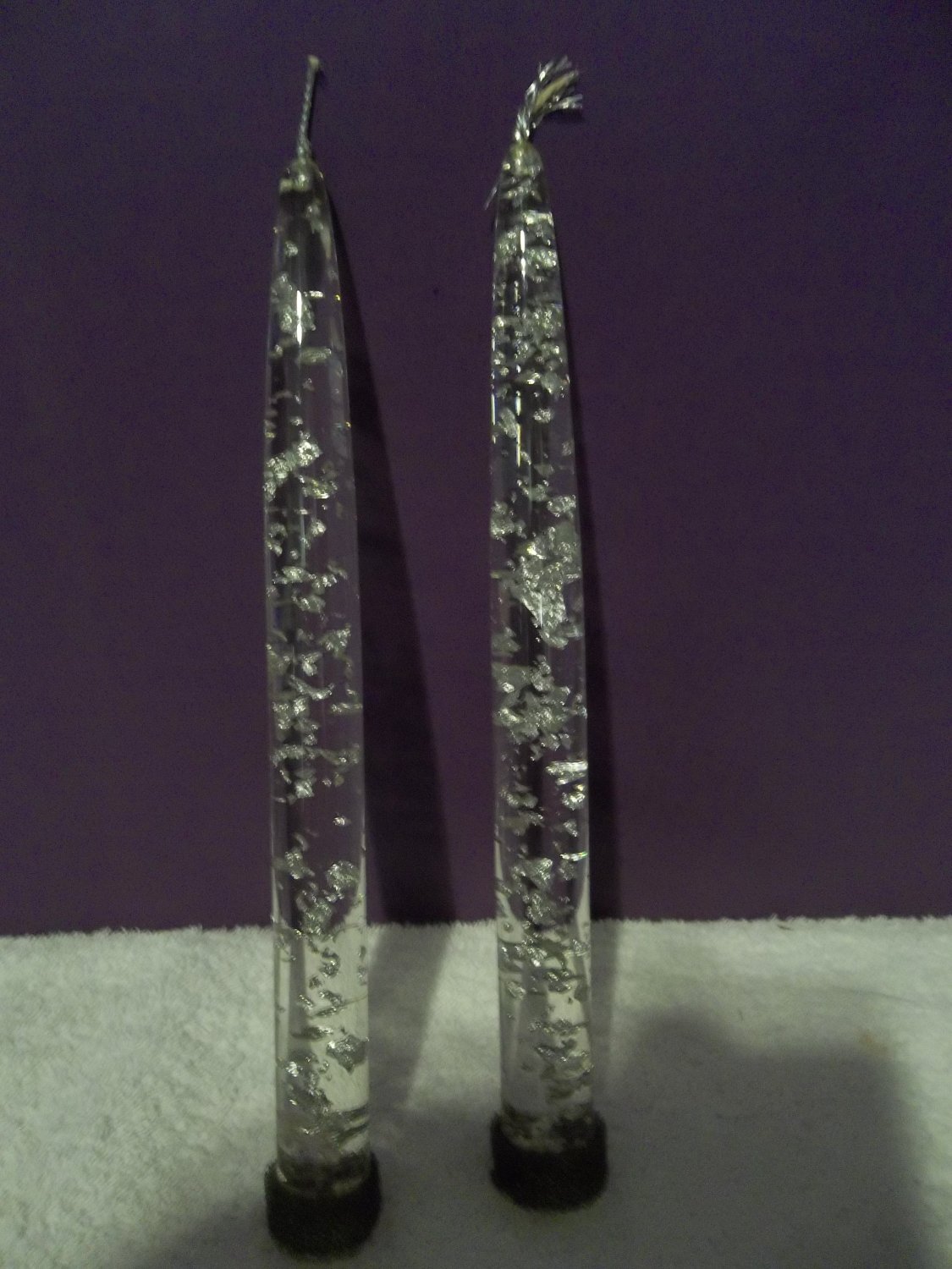 Vtg Pair 8" Lucite Acrylic Candlesticks Candles Clear w/ Silver Flake 852