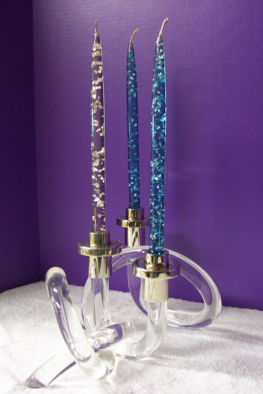 (4) Vtg 10" Lucite Acrylic Candlesticks Candles Clear w/ Gold Flakes 853