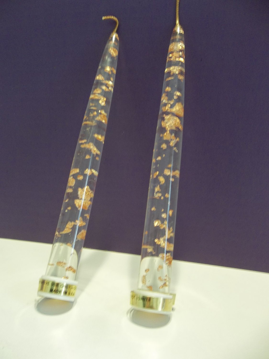Vtg Pair 8" Lucite Acrylic Candlesticks Candles Clear w/ Copper Flakes 2097