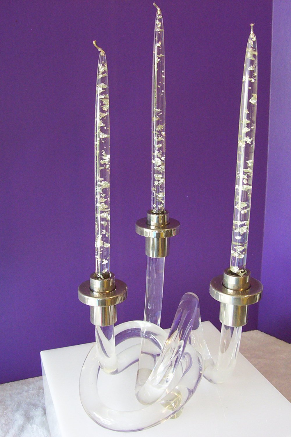 Vtg Pair 8" Lucite Acrylic Candlesticks Candles Clear w/ Copper Flakes 2097