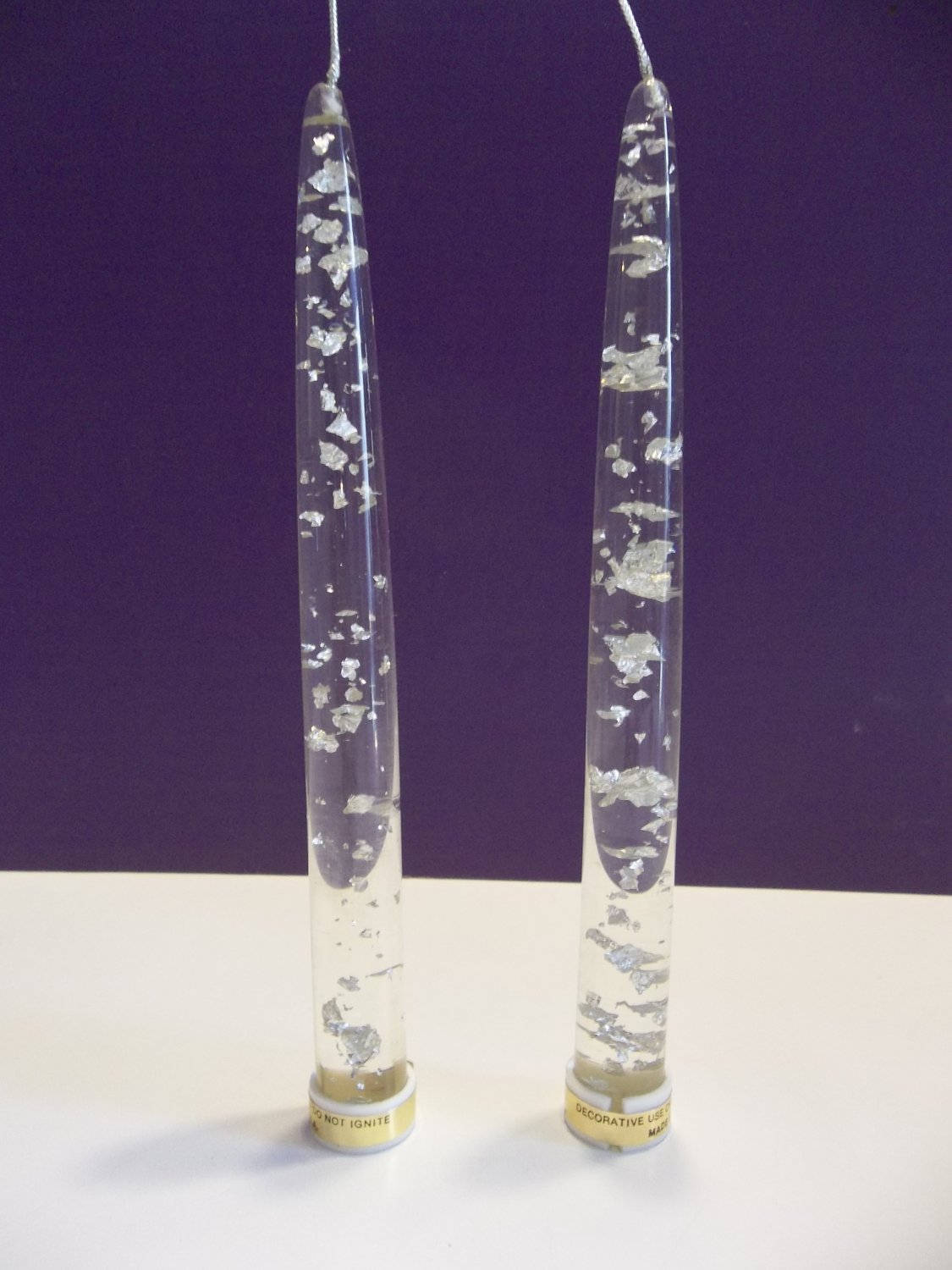 Vtg Pair 8" Lucite Acrylic Candlesticks Candles Clear w/ Silver Flakes 3000