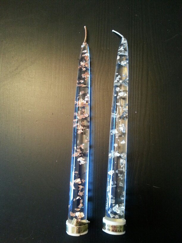 2 Vtg 8" Lucite Acrylic Candlesticks Candles Clear w/ Silver & Copper