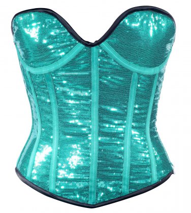 Teal Sequin Fabric Steel Boning Overbust Fashion Corset Bustier (Body Waist-34inch)
