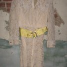 Vintage Cream Lace Party Dress, Yellow Belt with Rhinestones