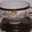 Vintage Porcelain Tea Cup, Pagoda and Bridge Picture, Wood Display Stand