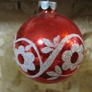 Vintage Glass Christmas Ornament, Red with White Sparkle Flower Design