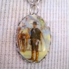 Small Oval Cameo Necklace, Cowboy in Black Print, Silver Chain Small Oval Cameo Necklace, Cowboy in Black Print, Silver Chain