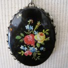 Retro Pendant, Black Cameo with Colored Flowers Print, Silver Colored Chain Retro Pendant, Black Cameo with Colored Flowers Print, Silver Colored Chain