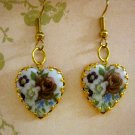 Gold Heart Cameo Charms with Vintage Purple and White Flower Pictures, Earrings Gold Heart Cameo Charms with Vintage Purple and White Flower Pictures, Earrings