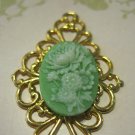 Green and White Flower Cameo on Gold Tone Filigree Setting