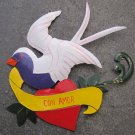 Hand Painted Tin Bird Hanging Ornament, White and Purple, "Con Amor" Banner Hand Painted Tin Bird Hanging Ornament, White and Purple, "Con Amor" Banner