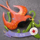 Hand Painted Tin Bird Hanging Ornament, Orange and Black, "Te Amo" Banner