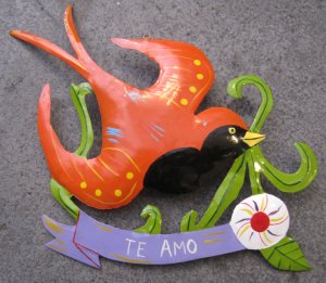 Hand Painted Tin Bird Hanging Ornament, Orange and Black, "Te Amo" Banner