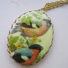 Oval Cameo Necklace, White Background with Two Birds Print Oval Cameo Necklace, White Background with Two Birds Print