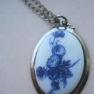 Small Oval Cameo Necklace, White with Blue Flowers, Silver Chain Small Oval Cameo Necklace, White with Blue Flowers, Silver Chain