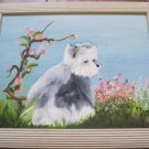 "Molly Dog" Black and White Dog with Flowers, Hand Painted, Oil Painting