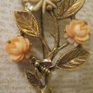 Vintage Gold Pin with Cream and Peach Flowers and Bee Accent