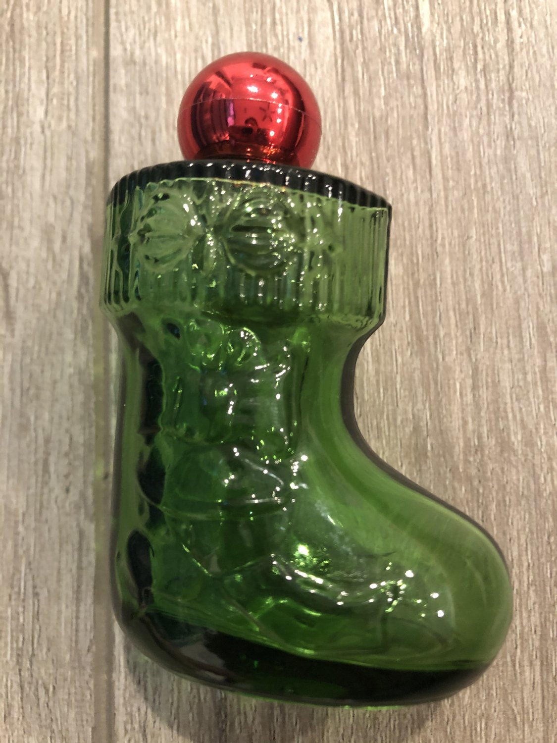 Retro Avon Perfume Bottle, Green Glass Boot Red Ball Top #3