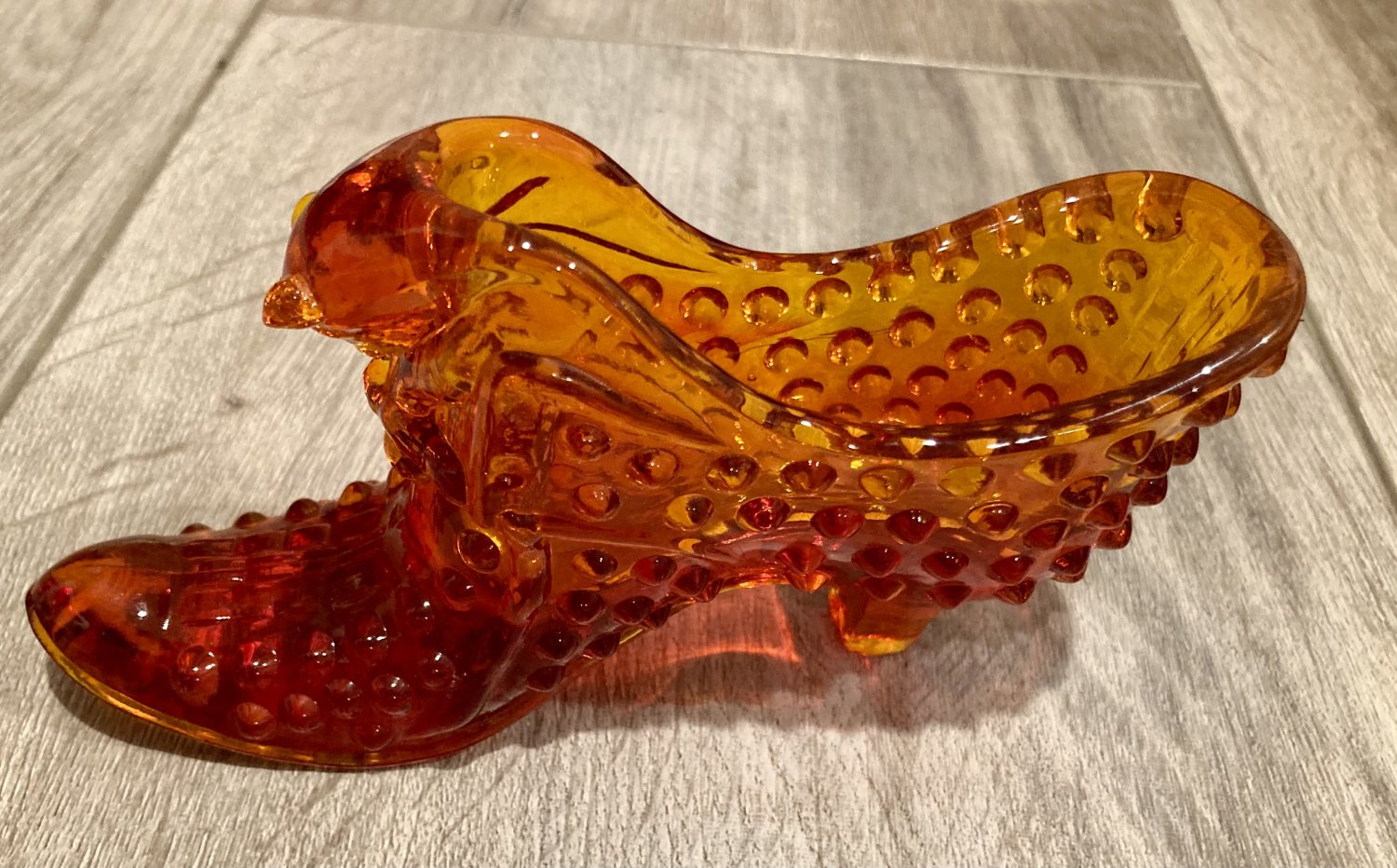 Fenton Glass Slipper, Orange Hobnail Cat Shoe 23