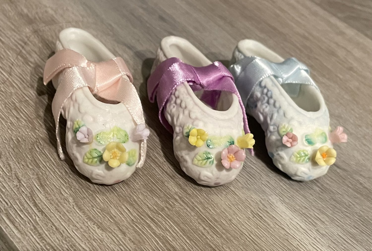 Set of 3 Small Ballerina Slippers in Pink, Blue and Lavender by Enesco 1983 #38