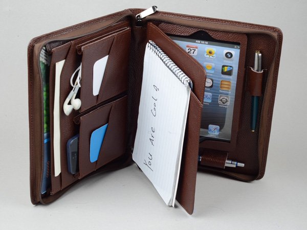 Coffee Leather iPad mini zipper Portfolio Case with Notepad Holder for ...