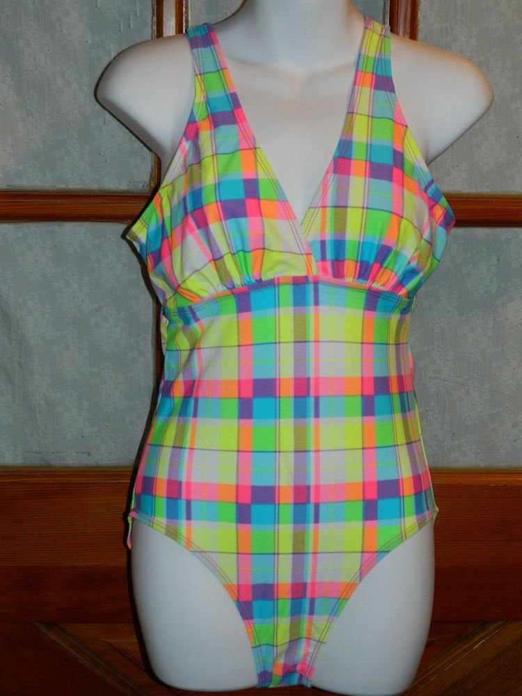NWT Islander Neon Pastel Plaid Swimsuit Bathing Suit Swimwear 1 piece Sz 14