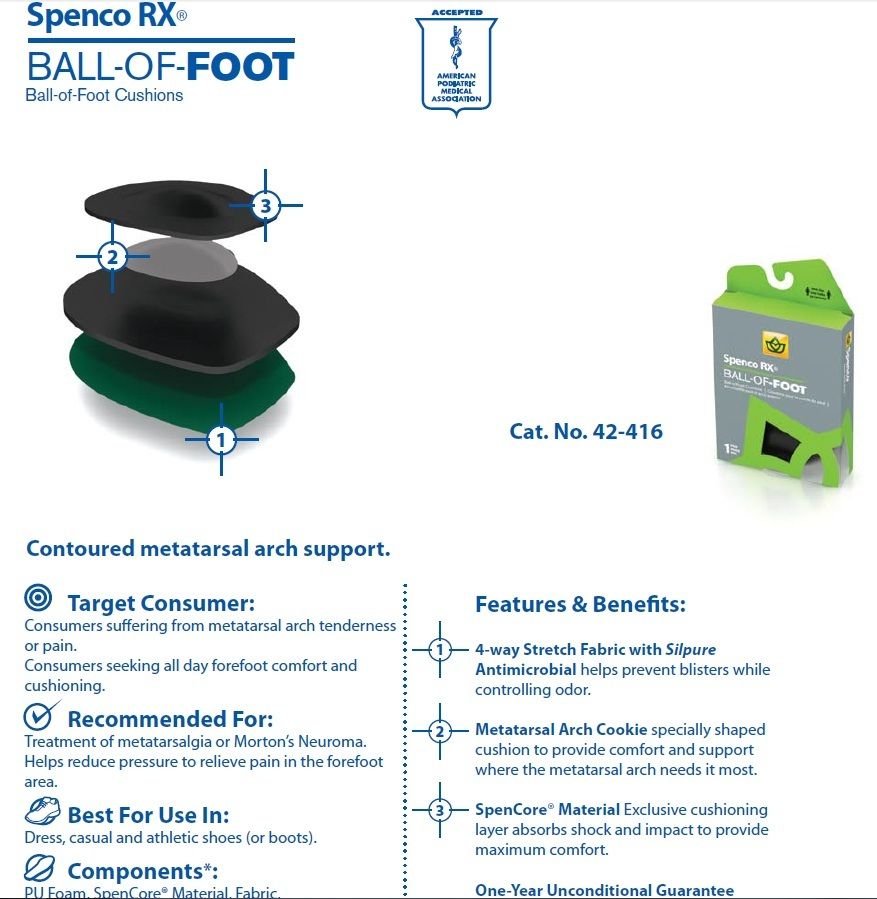 Spenco Rx Ball of Foot Cushions 42416 Men's 1215 Size Large