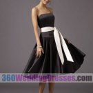 A-Line Strapless Natural Waist Tea Length Satin Black Bridesmaid Dresses