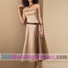 A-Line Strapless Dropped Waist Tea Length Satin Cheap Bridesmaid Dresses
