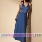 Sheath Halter Natural Waist Tea Length Satin Blue Bridesmaid Dresses