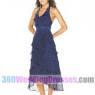 A-Line Halter Natural Waist Tank Tea Length Chiffon Blue Bridesmaid Dresses