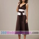 A-Line V-Neck Natural Waist Tank Tea Length Satin Cheap Bridesmaid Dresses
