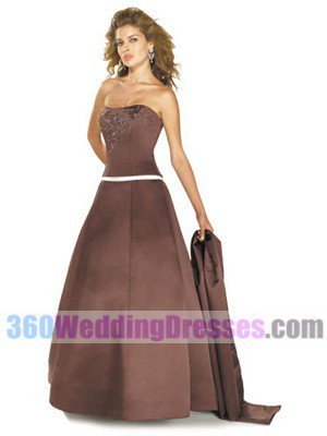 A-Line Strapless Dropped Waist Long Satin Elegant Bridesmaid Dresses