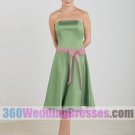 A-Line Strapless Dropped Waist Tea Length Satin Cheap Bridesmaid Dresses
