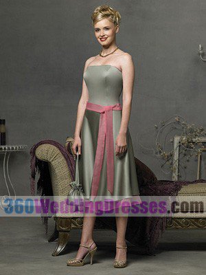 A-Line Strapless Natural Waist Tea Length Satin Cheap Bridesmaid Dresses