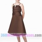 A-Line Scoop No Waist/Princess Seams Spaghetti Straps Tea Length Ruched Satin Cheap Bridesmaid Dress