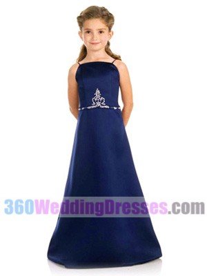 A-Line Bateau Dropped Waist Spaghetti Straps Long Satin Blue Bridesmaid Dresses